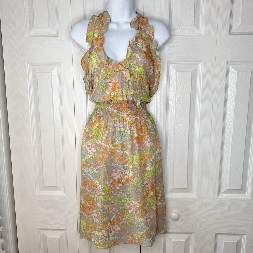 Rebecca Taylor Silk Floral Ruffle Dress 6 Smocked Watercolor Shower Summer Party